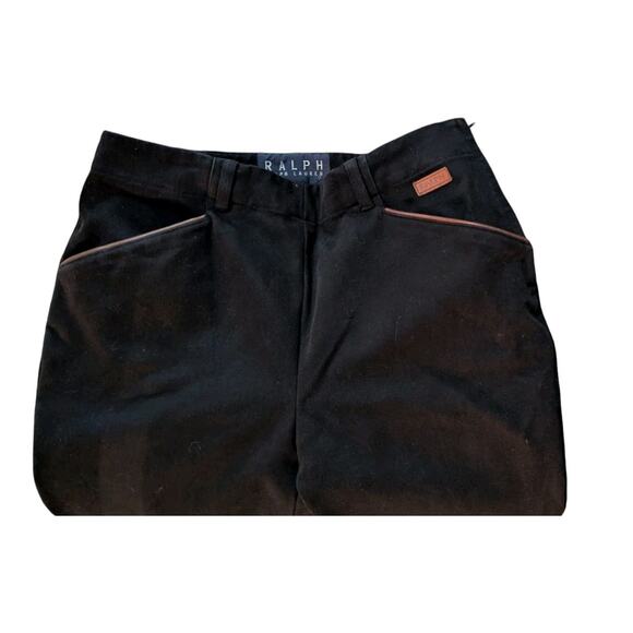 Vintage 90s Ralph Lauren Leather Trim Pants Women 6 Black Camel Tan Trousers - Picture 6 of 13